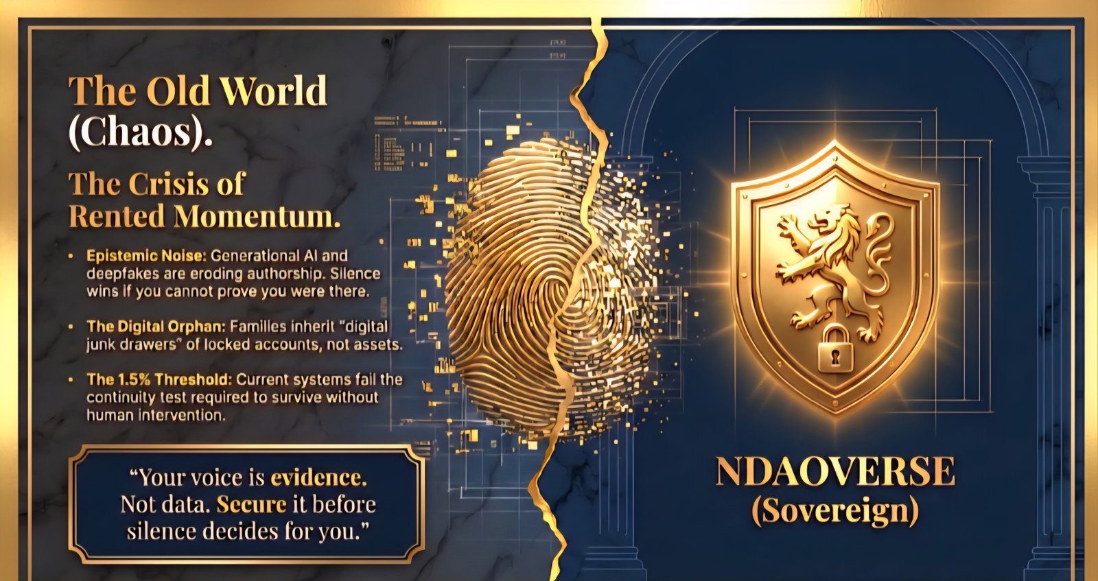 AI identity crisis digital fingerprint split representing chaos vs digital sovereignty